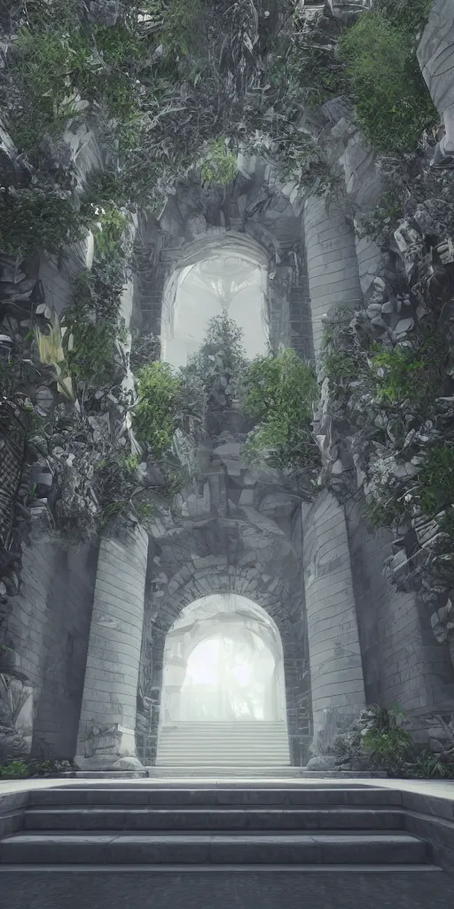 Prompt: entrance to ethereal realm, rendered in unreal engine, central composition, symmetrical composition midjourny