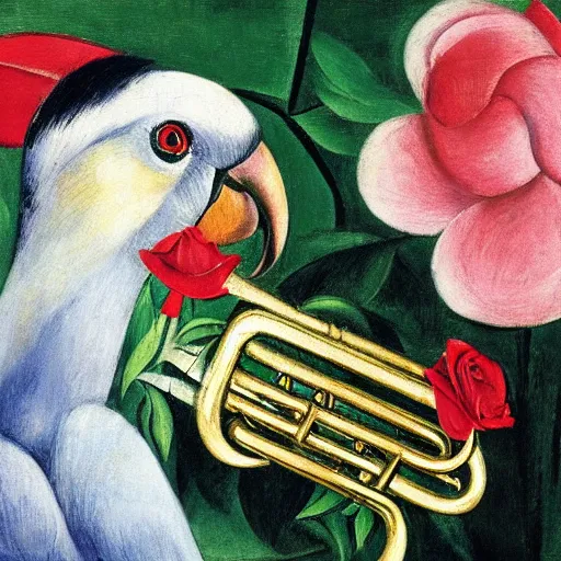 Prompt: cockatoo holding a trumpet, sitting in the rose garden, medieval portrait, by franz marc and pablo picasso, close up