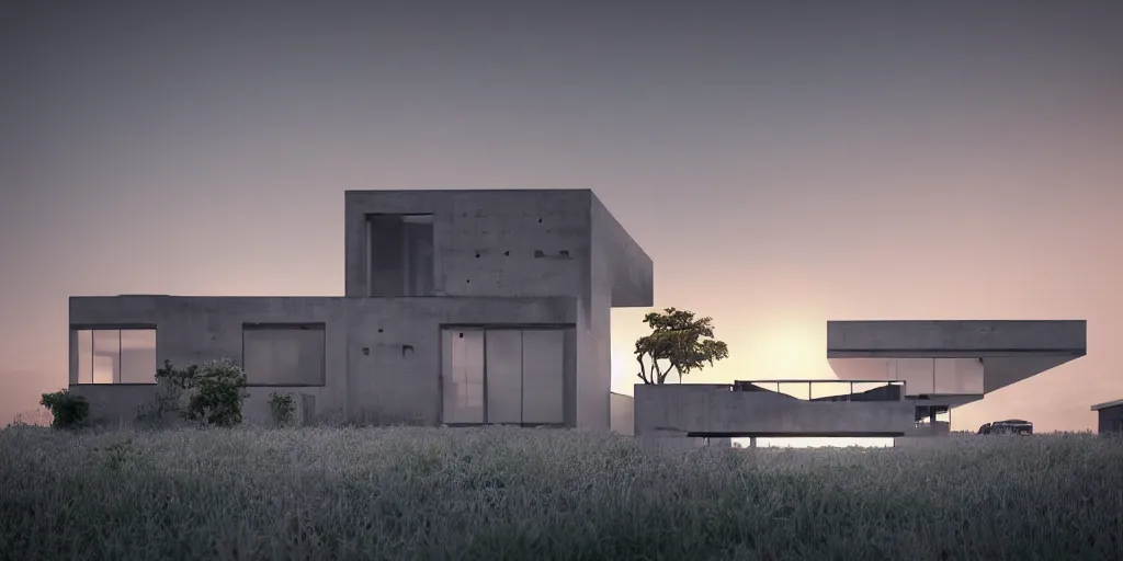 Image similar to a modern concrete house, brutalism, a view of a city, sunset, photorealism, beautiful, cinematic dramatic atmosphere, volumetric cinematic perfect light, detailed octane render trending on artstation, 8 k, by chris hytha and jag studio