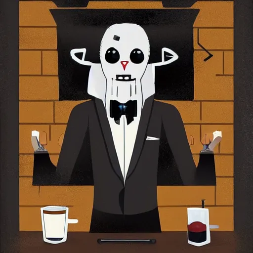 Prompt: Wendigo in a tuxedo suit as a barista in a bar, digital art, illustration, oil on canvas, trending on Artstation