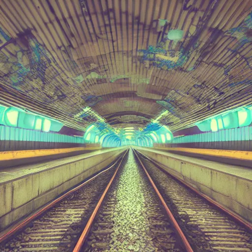 Prompt: futuristic, pastel colors, hd 8 k, abandoned, overgrown, lo - fi, vaporwave, subway station, trippy, fantasty