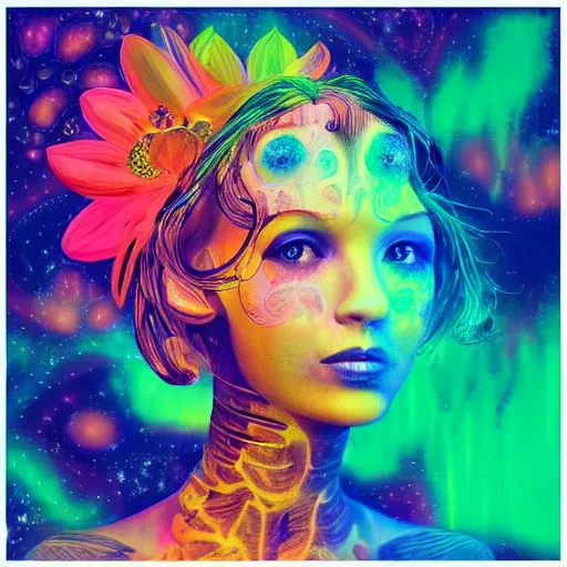 Prompt: ai - generated art, generated by an ai image generator who read this caption. tags : photorealistic, psychedelic, self - aware, design your own avatar, lady with glowing flowers dress, matte painting, trending on artstation