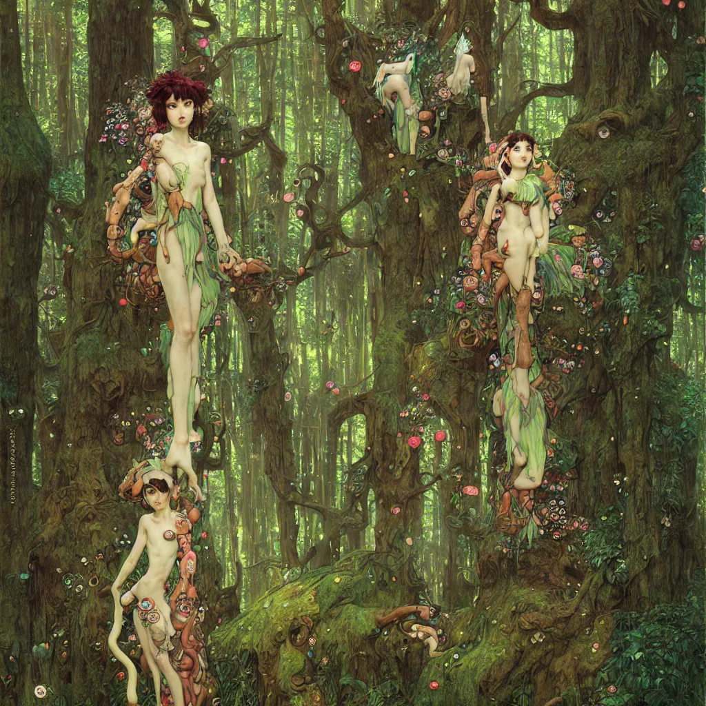 Prompt: Princess Mononoke, lush fairy forest, neon, concept art, schematics, gnarly details painted by gustav klimt, tom bagshaw, norman rockwell, mucha, james gurney, high detail, denoised, sharp, architectural