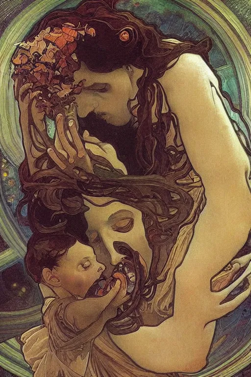 Prompt: saturn devouring his son, beautiful dark art, painting by alfons mucha