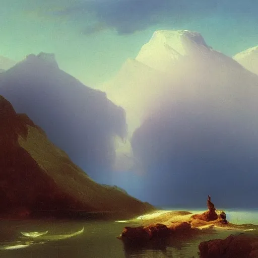 Prompt: a dramatic mountainous landscape matte painting by Ivan Aivazovsky