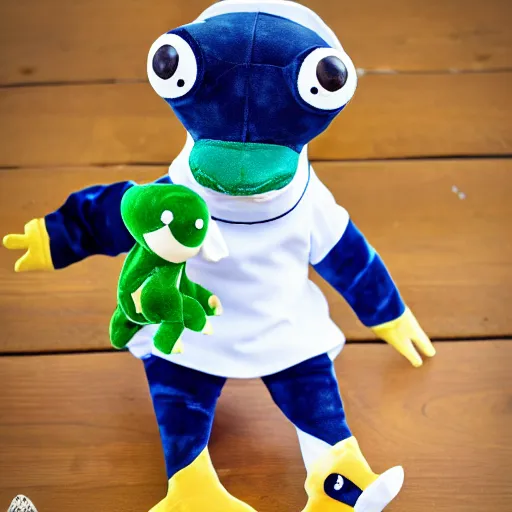 Image similar to stuffed animal frog wearing a sailor suit, plushie photography,