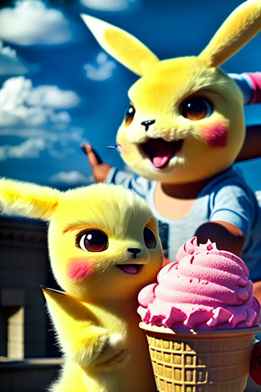 Prompt: high quality 3 d render hyperrealist very cute pastel fluffy! aztec warrior & quetzalcoatl eating giant ice cream, vray smooth, in the style of detective pikachu, hannah yata, very dramatic light, low angle, uhd 8 k, shallow depth or field