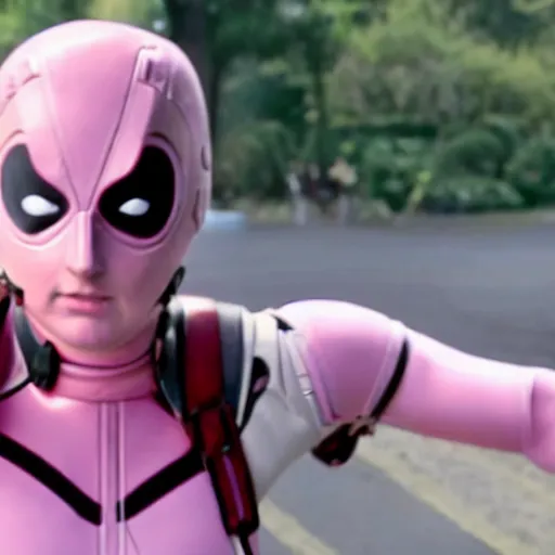 Prompt: A still of Shailene Woodley as Gwenpool in Deadpool 3 (2023), blonde hair with pink highlights, no mask