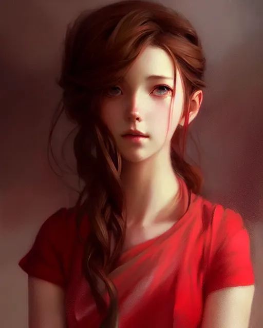 Image similar to aerith gainsborough in red cottagecore dress, portrait, illustration, rim light, top light, overcast cloudy weather, perfectly shaded, soft painting, art by krenz cushart and wenjun lin