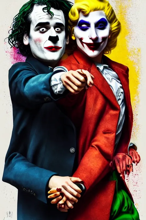 Image similar to ilya yefimovich repin and mimmo rottela and banksy as joaquin phoenix skinny joker, holding hand, lady gaga harley queen, ultra photorealistic, intricate details, pop art style, concept art, confident posse, random object details, 3 colours, warm color, 4 k, ultra smooth, sharp focus