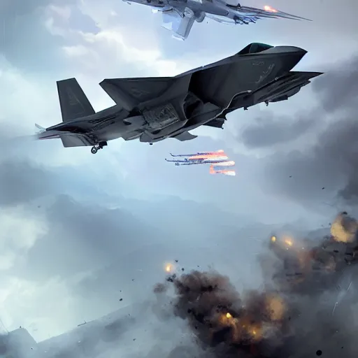 Prompt: A dragon being shotdown with a missile from an F-35 fighter jet, by Cedric Peyravernay, highly detailed, excellent composition, cinematic concept art, dramatic lighting, trending on ArtStation
