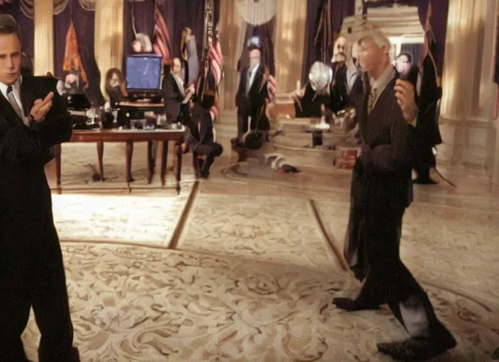 Image similar to a still from the 2001 TV Show The West Wing Starring Jon Stewart