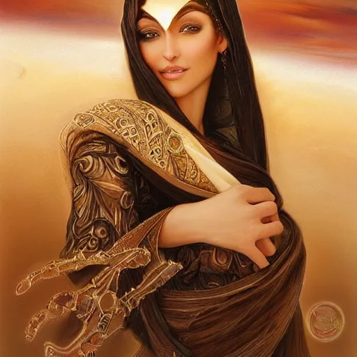 Prompt: a beautiful arabian woman in the sahara desert by karol bak, ayami kojima, artgerm, arabian beauty, blue eyes, smile, concept art, fantasy