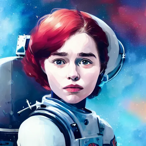 Prompt: highly detailed portrait of a young astronaut emilia clarke with a wavy vibrant red hair, blue eyes, by Dustin Nguyen, Akihiko Yoshida, Greg Tocchini, Greg Rutkowski, Cliff Chiang, 4k resolution, nier:automata inspired, bravely default inspired, space nebula background