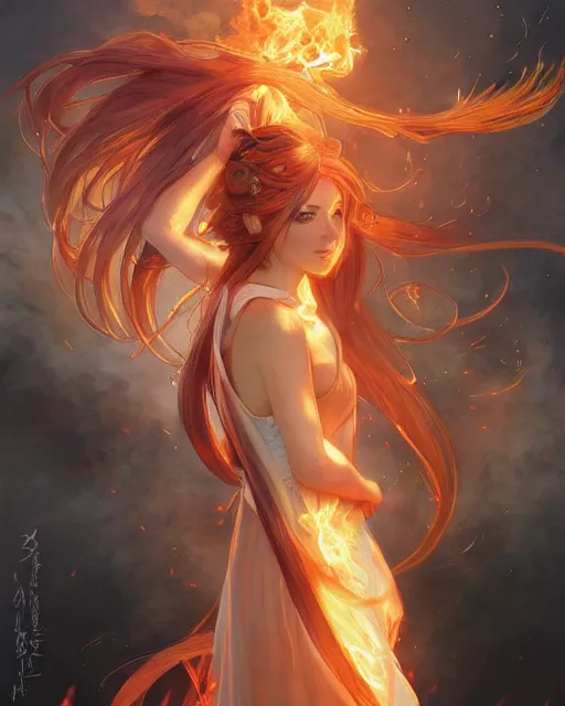 Image similar to beautiful long haired anime girl, fire dress, portrait, flames everywhere, highly detailed, digital painting, artstation, concept art, smooth, sharp focus, illustration, art by artgerm and greg rutkowski and alphonse mucha