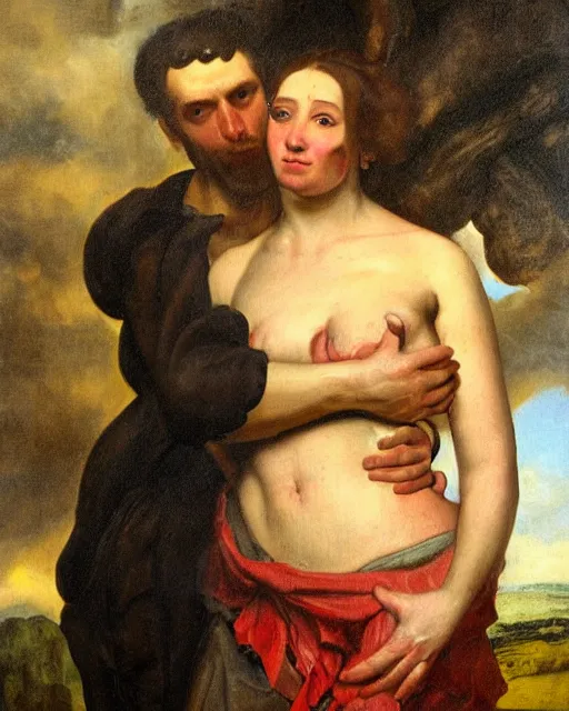 Prompt: a painting of a man holding a woman in his arms by heinrich lossow, trending on deviantart, transgressive art, flemish baroque, furaffinity, renaissance painting