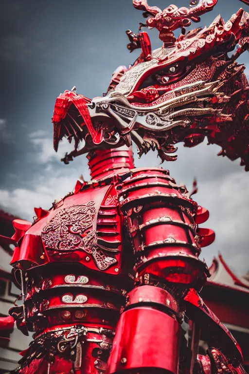 Prompt: photography of a mechanical dragon samurai in red japanese armor taken with Leica M11