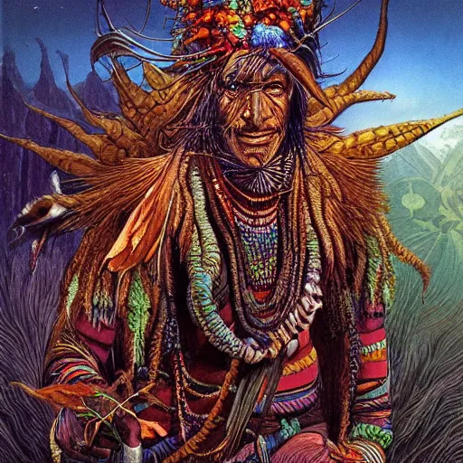 Image similar to fantasy art, highly detailed, beautiful, surreal, ayahuasca shaman, by moebius