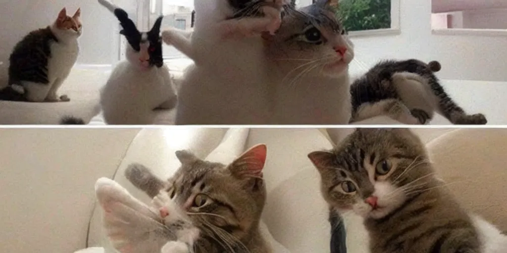 Image similar to one day a very serious cat met a very silly cat, the results were unexpected and hilarious