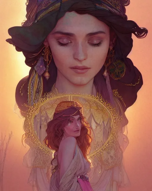 Image similar to bedouin in the desert, highly detailed, gold filigree, romantic storybook fantasy, soft cinematic lighting, award, disney concept art watercolor illustration by mandy jurgens and alphonse mucha and alena aenami, pastel color palette, featured on artstation