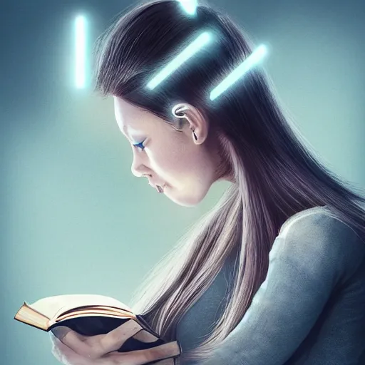 Image similar to a girl reading a book, her hair flowing down, symmetric!!, anatomically correct, concept style, trending on artstation, concept art, detailed, octane render, cinematic, photo-realistic, 8k, high detailed