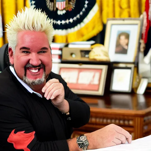 Prompt: President Guy Fieri at his desk in the Oval Office, news camera footage