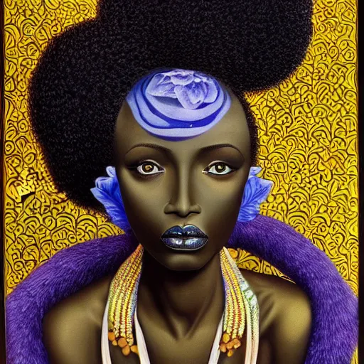 Prompt: beautiful painted portrait of a gorgeous black woman, symmetrical, her skin in the pattern style of e. a. seguy and rene magritte, intricate details, opulent, hyper detailed, surrealism, vibrant and vivid,