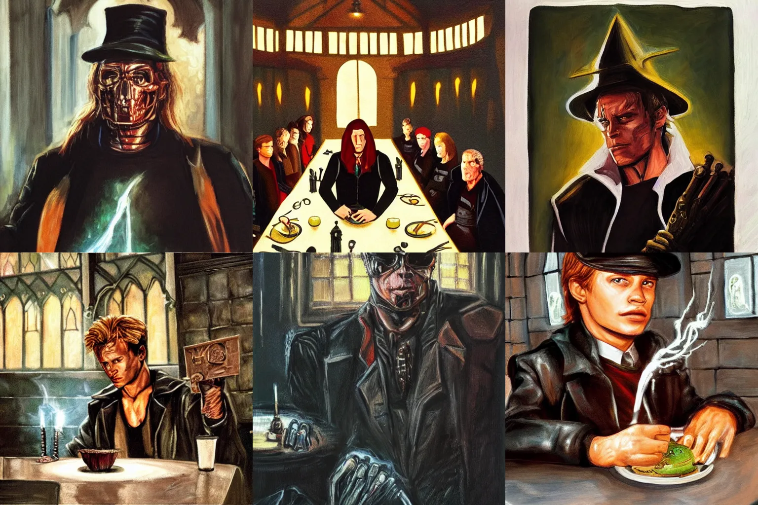 Prompt: the Terminator wearing the sorting hat in Hogwarts dining hall, hoping to be sorted in Slytherin. An oil painting.