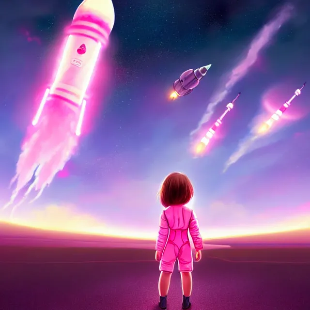 Prompt: epic professional digital art of a little girl in a pink spacesuit watching giant rockets take off in the distance seen from behind, best on artstation, cgsociety, wlop, Behance, pixiv, astonishing, impressive, outstanding, epic, cinematic, stunning, gorgeous, breathtaking science fiction art, masterpiece.