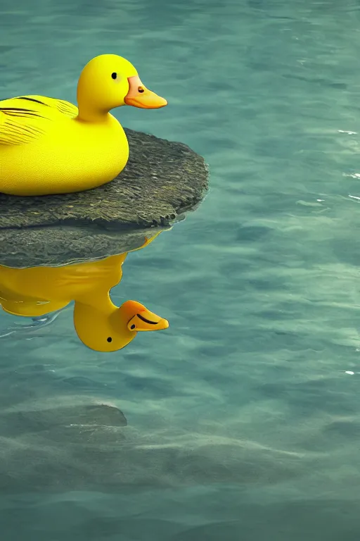 Prompt: bright yellow duck swimming on water, octane render, 3 d digital art by beeple, unreal engine 5, award winning, refraction, reflection