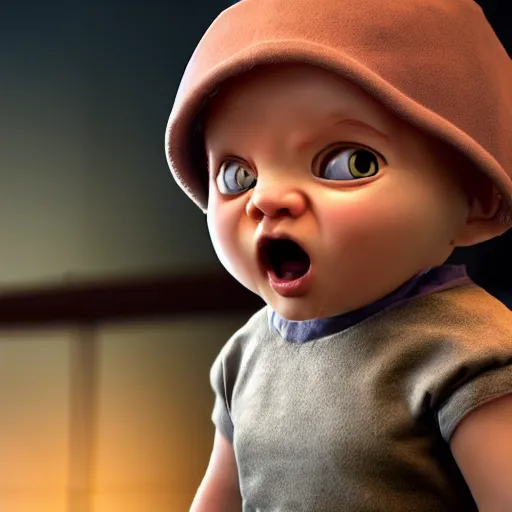 Image similar to an angry toddler, photorealistic, highly detailed, soft lighting, cinematic