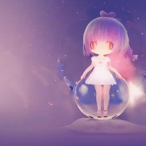 Image similar to cute fumo plush girl gazing into a crystal ball swirling with strange energy, smoke and volumetric fog, lens flare glow, chibi, vray