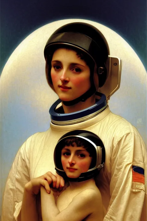 Image similar to portrait of a woman in astronaut helmet an ancient human specie, by bouguereau