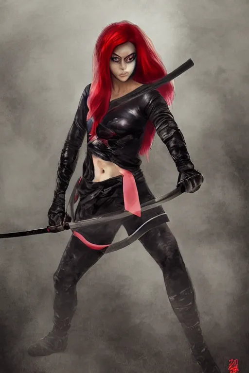 Image similar to female ninja warrior, dark clothes, wielding katana, wind in the hair, overcast weather, digital concept art, heavily detailed, realistic, ariel perez, trending on artstation