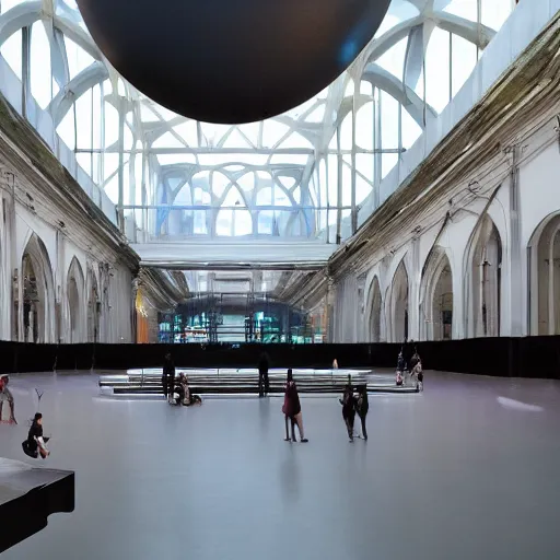 Prompt: a large scale public art installation. big mirror floor reflect piano on center and single big suspended sphere with projected space visuals on it inside giant and dark venue.