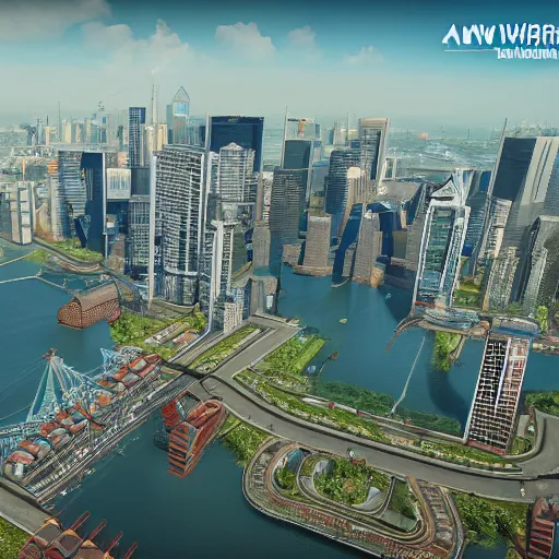 Image similar to canary wharf, screenshot from simcity, unreal engine, 8 k