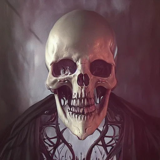 Prompt: a hyper realistic oil painting of a necromancer from diablo, dark fantasy, horror, crypt, skeleton army, retro fantasy,