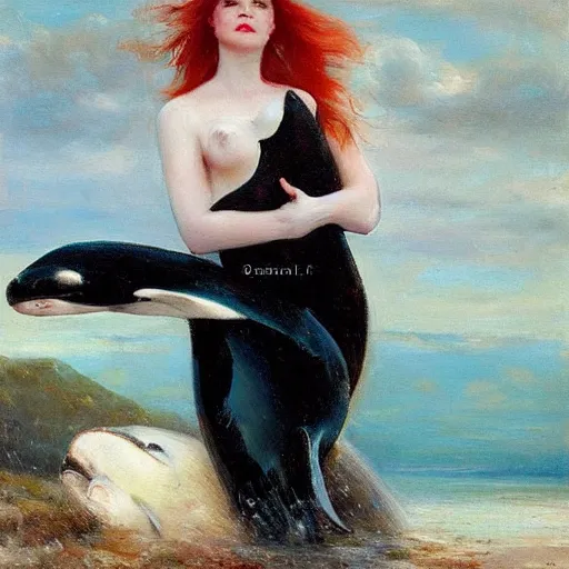 Image similar to a portrait of a red headed young woman hugging an orca whale in a scenic environment by Gerhartz, Daniel F.