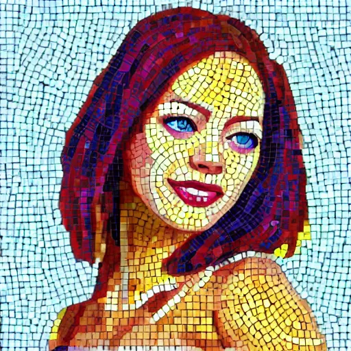Prompt: greek mosaic made of colorful pebbles depicting emma stone, significant boundaries of the pebbles, vibrant and matching colors, monocolor mosaics, red hair, sexy hot body, lovely and symmetrical face, most beautiful and colorful mosaic in the history, character design by akihiko yoshida