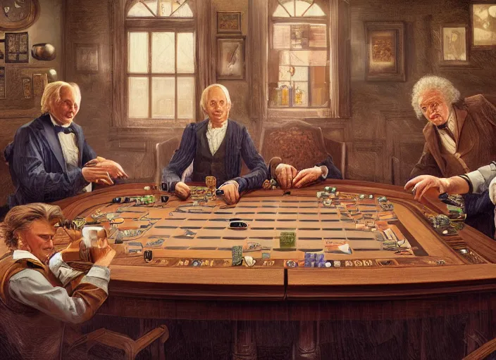 Image similar to family portrait of isaac newton and stephen hawkins and einstein playing poker in an old west saloon, intricate, elegant, highly detailed, centered, digital painting, artstation, concept art, smooth, sharp focus, illustration, art by todd lockwood and donato giancola and greg rutkowski