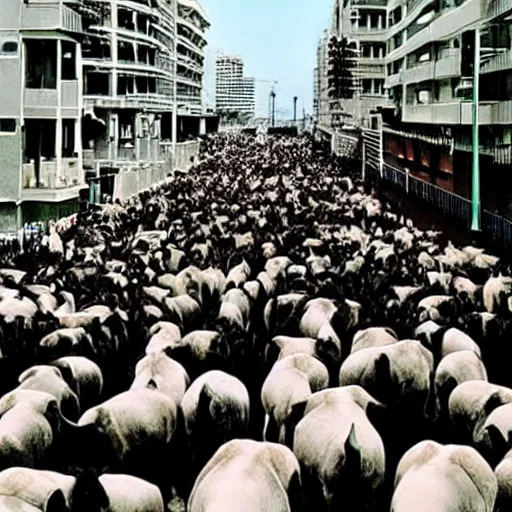 Image similar to one thousand buffaloes in the street, miami, miami vice