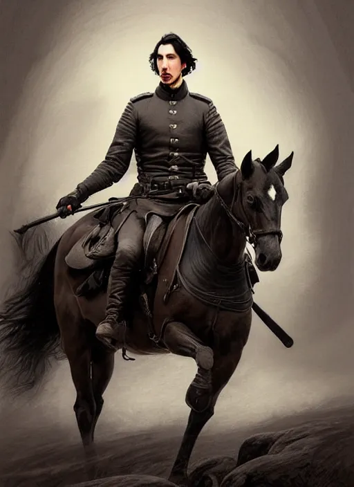 Image similar to painting of john oliver and adam driver together, riding horse, stoic, full body, military uniform, fantasy, intricate, elegant, beautiful, highly detailed, charcoal, centered, dark, smokey, digital painting, artstation, concept art, smooth, sharp focus, illustration, art by artgerm and greg rutkowski and alphonse mucha