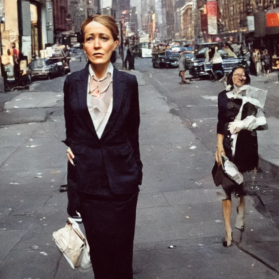 Prompt: portrait of a woman in a suit in the streets of new york, 1 9 6 0 s, colour film street photography, photo taken with ektachrome, featured on flickr, photographed on damaged film