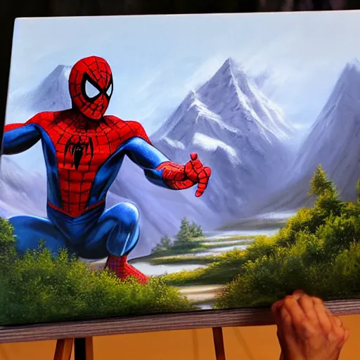 Image similar to a closeup photorealistic photograph of bob ross working on a canvas painting of spiderman. film still. brightly lit scene. mountains and trees. this 4 k hd image is trending on artstation, featured on behance, well - rendered, extra crisp, features intricate detail, epic composition and the style of unreal engine.