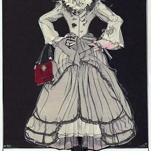 Image similar to Bill gates crossdressing in victorian gown, drawn in the style of yoji shinkawa, extremely detailed, fractal frame