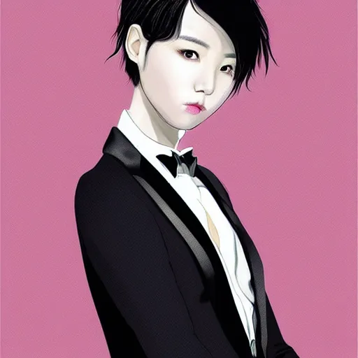 Image similar to portrait of a beautiful korean girl wearing a men's tuxedo, with short messy hair, men's haircut, angular features, angry expression, digital art, elegant pose, detailed illustration