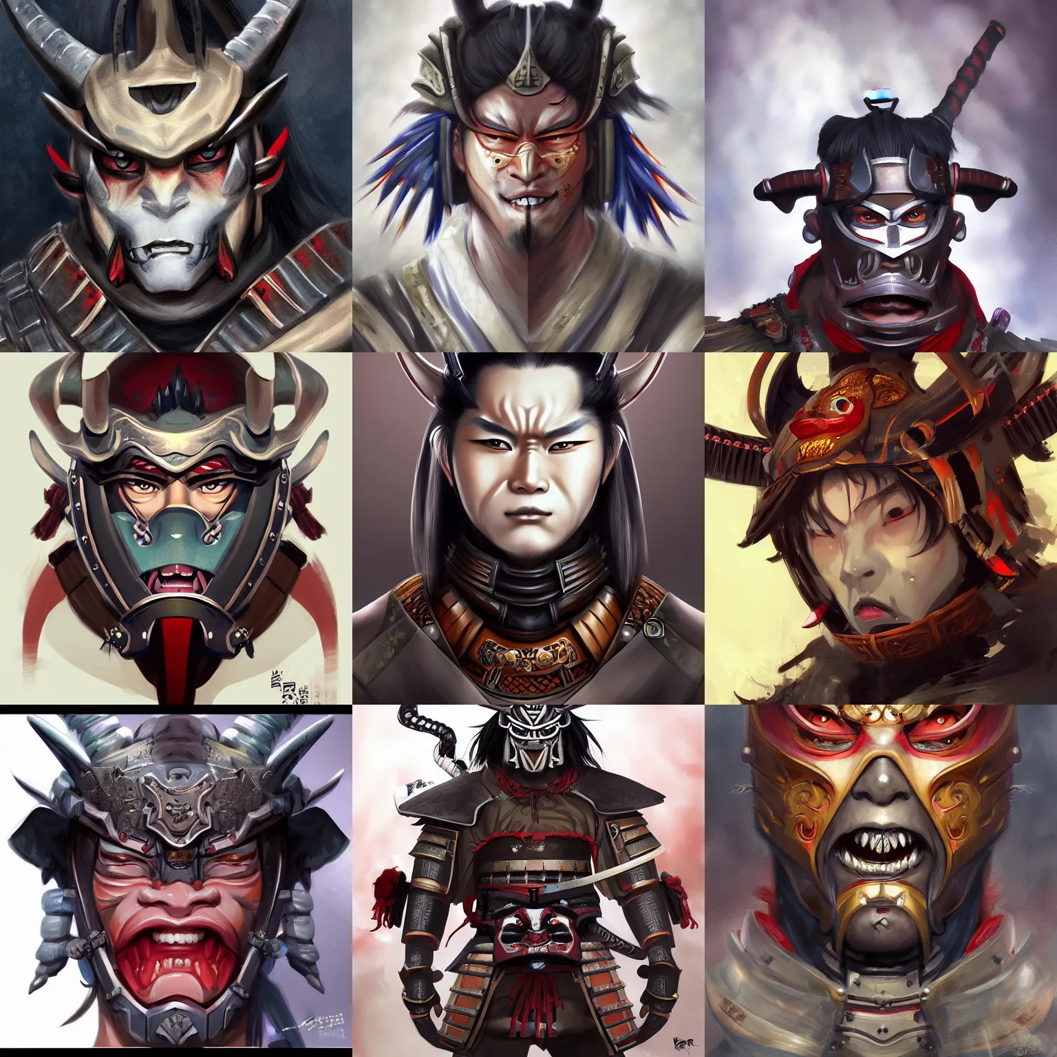 Prompt: A realistic anime portrait of a samurai, wearing an Oni demon mask covering face, wearing samurai armor, digital painting, by Stanley Artgerm Lau, WLOP, and Rossdraws, digtial painting, trending on ArtStation, deviantart