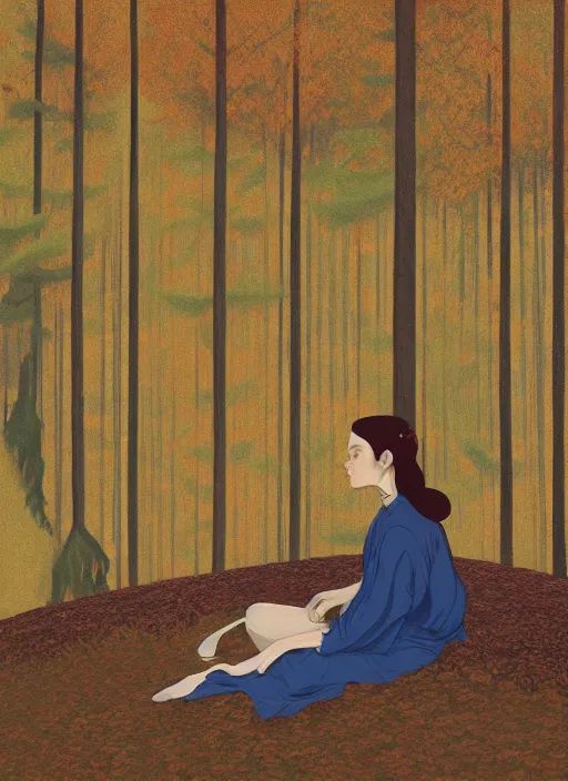 Prompt: a painting of a woman sitting in a tall forest, painting by will barnet, artstation contest winner, matte painting, 2 d game art