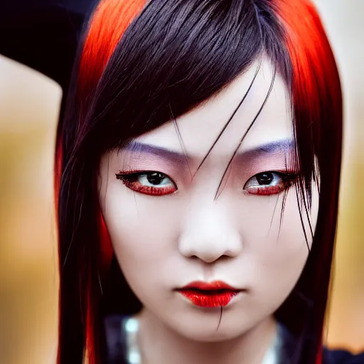 Prompt: close up portrait photo of a beautiful young Chinese female model wearing cybergothic clothing, black hair with bright orange streaks of hair, golden hour in Manhattan, Zeiss 150mm f/2.8 Hasselblad