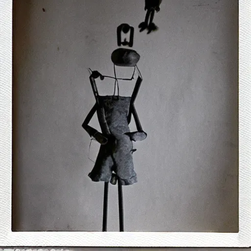 Image similar to alive, creepy marionette puppet, leaping towards viewer, horrific, unnerving, clockwork horror, pediophobia, lost photograph, dark, forgotten, final photo found before disaster, polaroid,